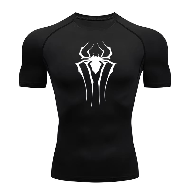 Spider Print Compression Shirts for Men Summer Short Sleeve Rash Guard Gym Workout Tshirt Athletic Quick Dry Undershirts Tops