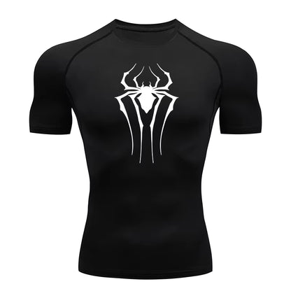 Spider Print Compression Shirts for Men Summer Short Sleeve Rash Guard Gym Workout Tshirt Athletic Quick Dry Undershirts Tops