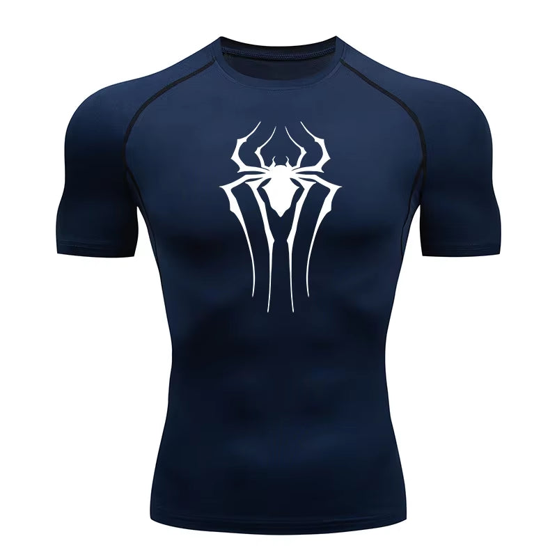 Spider Print Compression Shirts for Men Summer Short Sleeve Rash Guard Gym Workout Tshirt Athletic Quick Dry Undershirts Tops