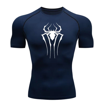 Spider Print Compression Shirts for Men Summer Short Sleeve Rash Guard Gym Workout Tshirt Athletic Quick Dry Undershirts Tops