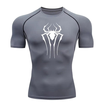 Spider Print Compression Shirts for Men Summer Short Sleeve Rash Guard Gym Workout Tshirt Athletic Quick Dry Undershirts Tops