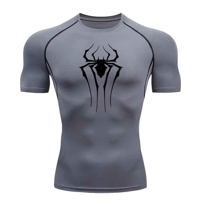 Spider Print Compression Shirts for Men Summer Short Sleeve Rash Guard Gym Workout Tshirt Athletic Quick Dry Undershirts Tops