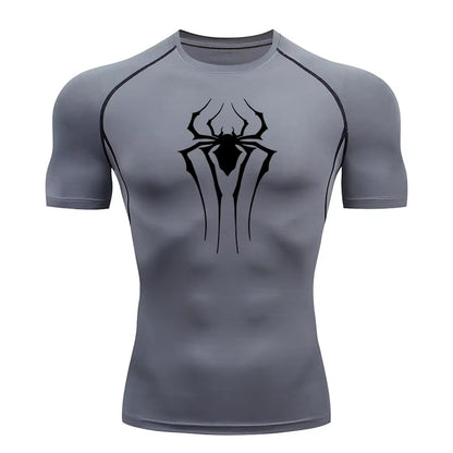 Spider Print Compression Shirts for Men Summer Short Sleeve Rash Guard Gym Workout Tshirt Athletic Quick Dry Undershirts Tops
